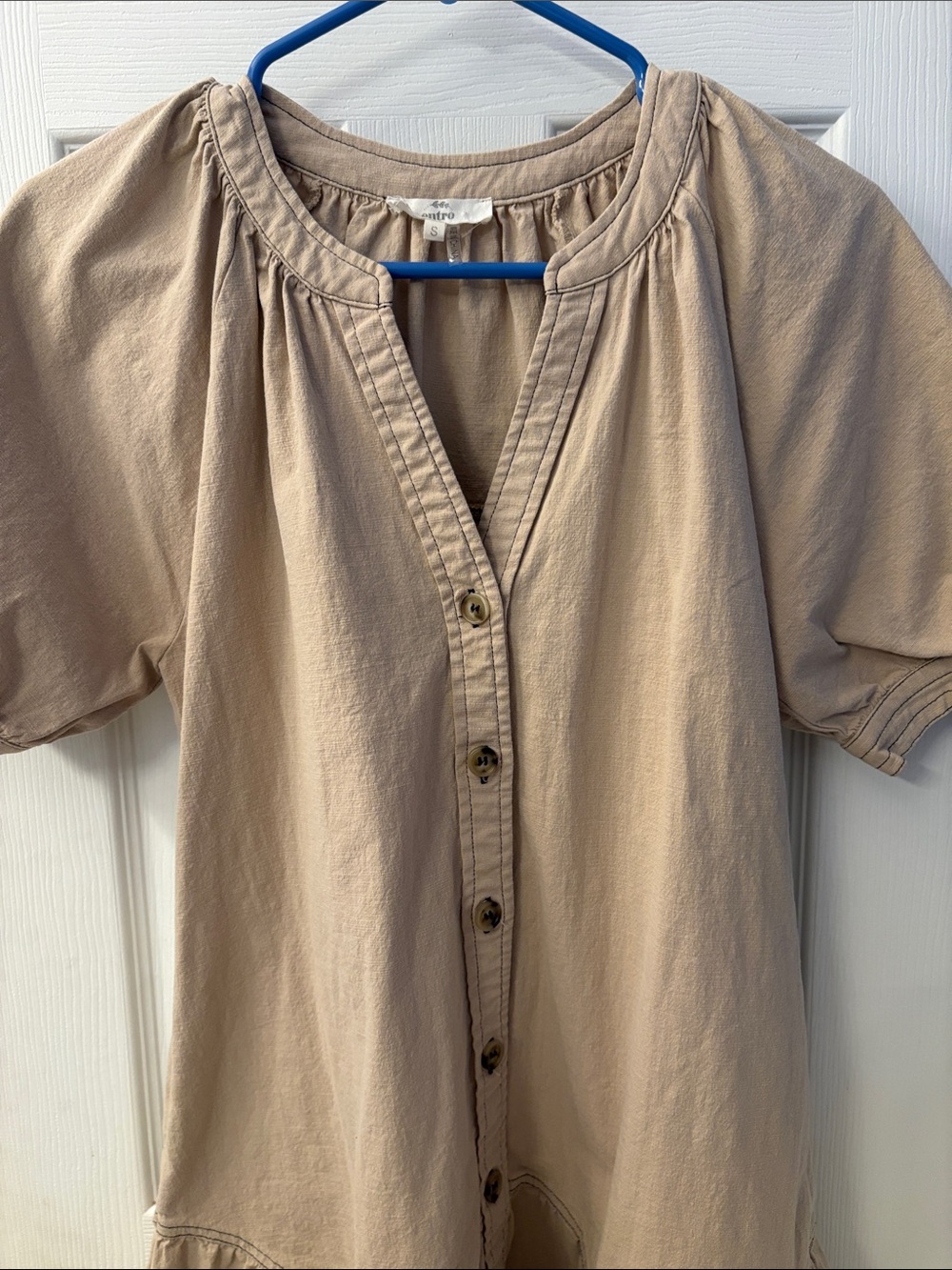 ENTRO thick cotton khaki button-front v-neck puff sleeve dress - Picture 6 of 7
